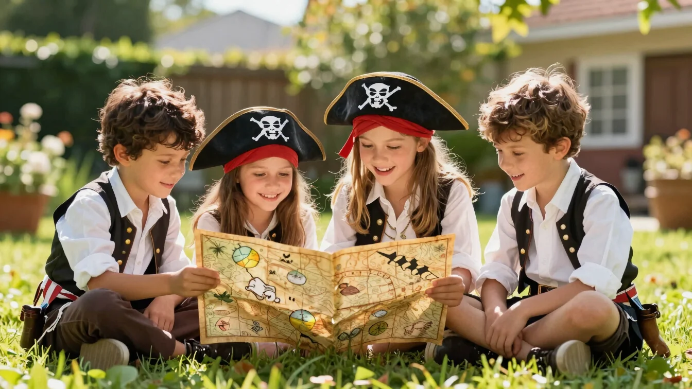 Cheerful kids dressed as pirates searching for a treasure map in