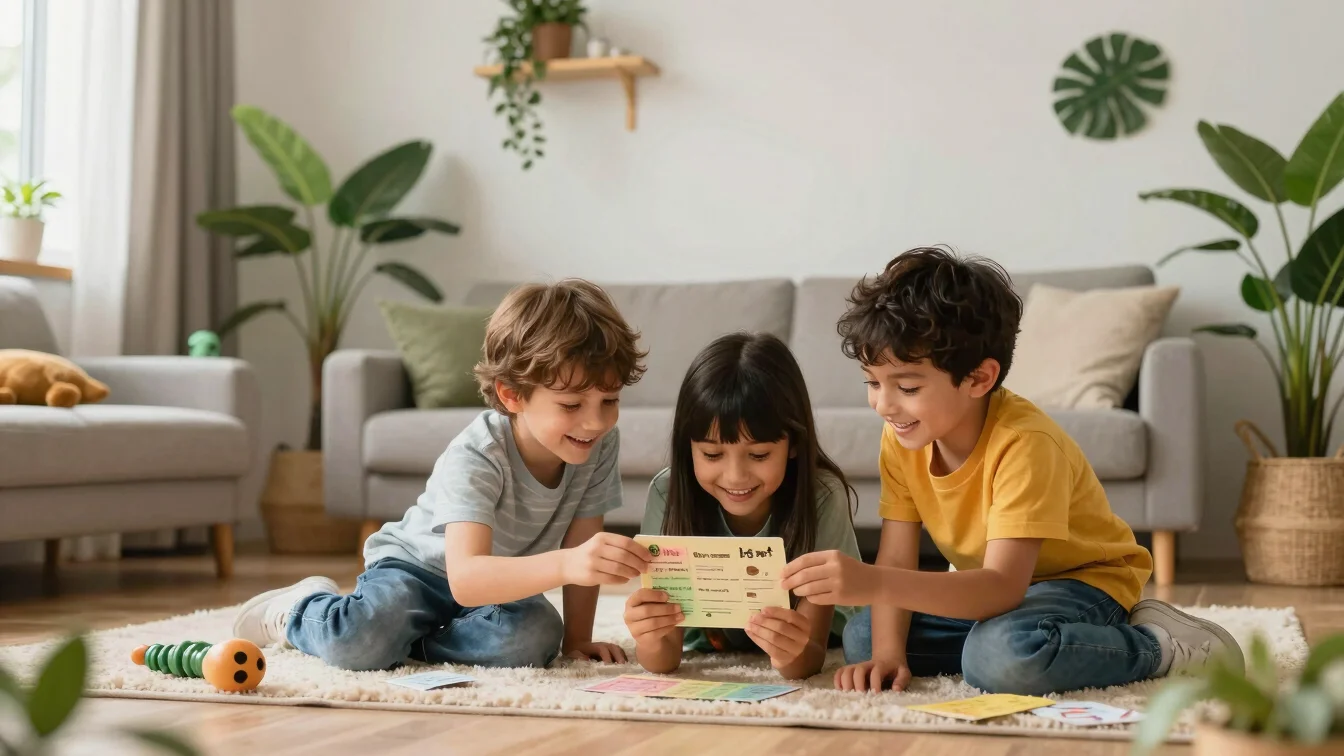 Happy kids exploring a living room decorated like a jungle, findi