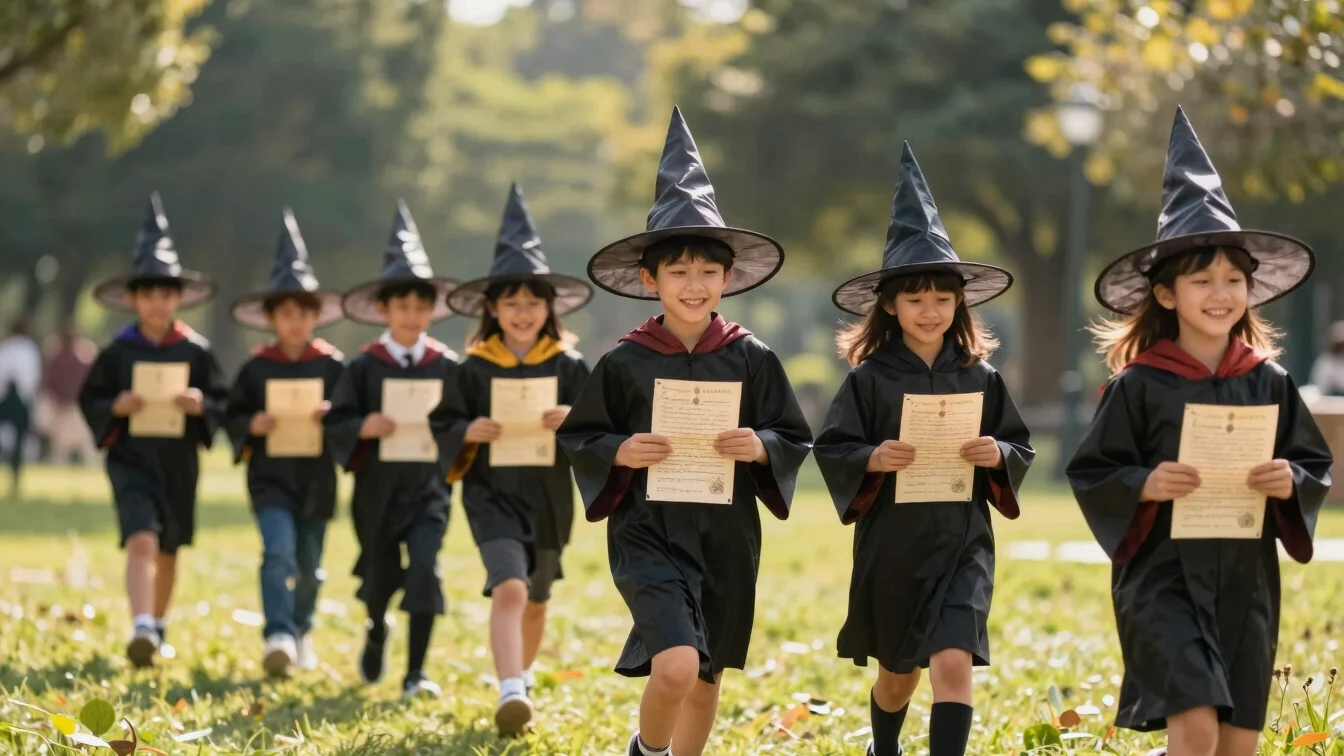 Kids with wizard hats following a magical clue card in a park, br