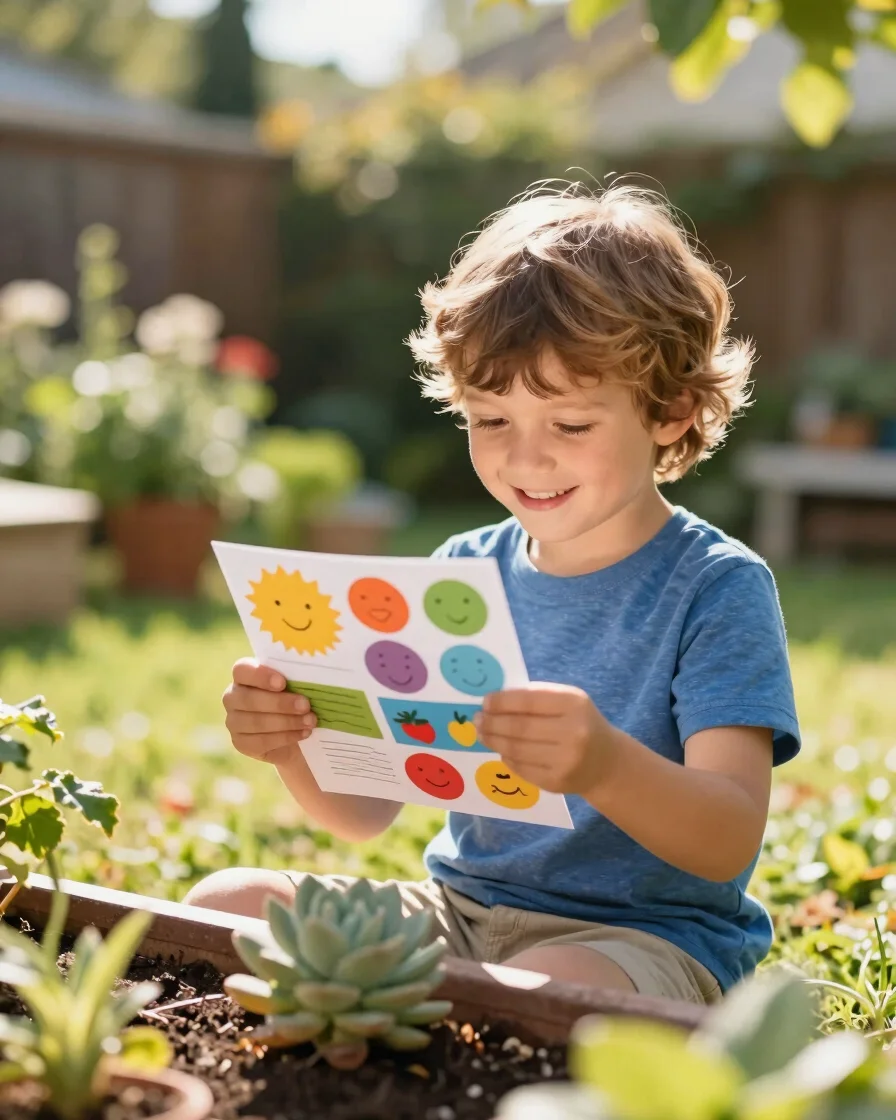 Bright editorial photography of a happy child finding a colorful printed clue card in a sunny backyard garden, warm natu