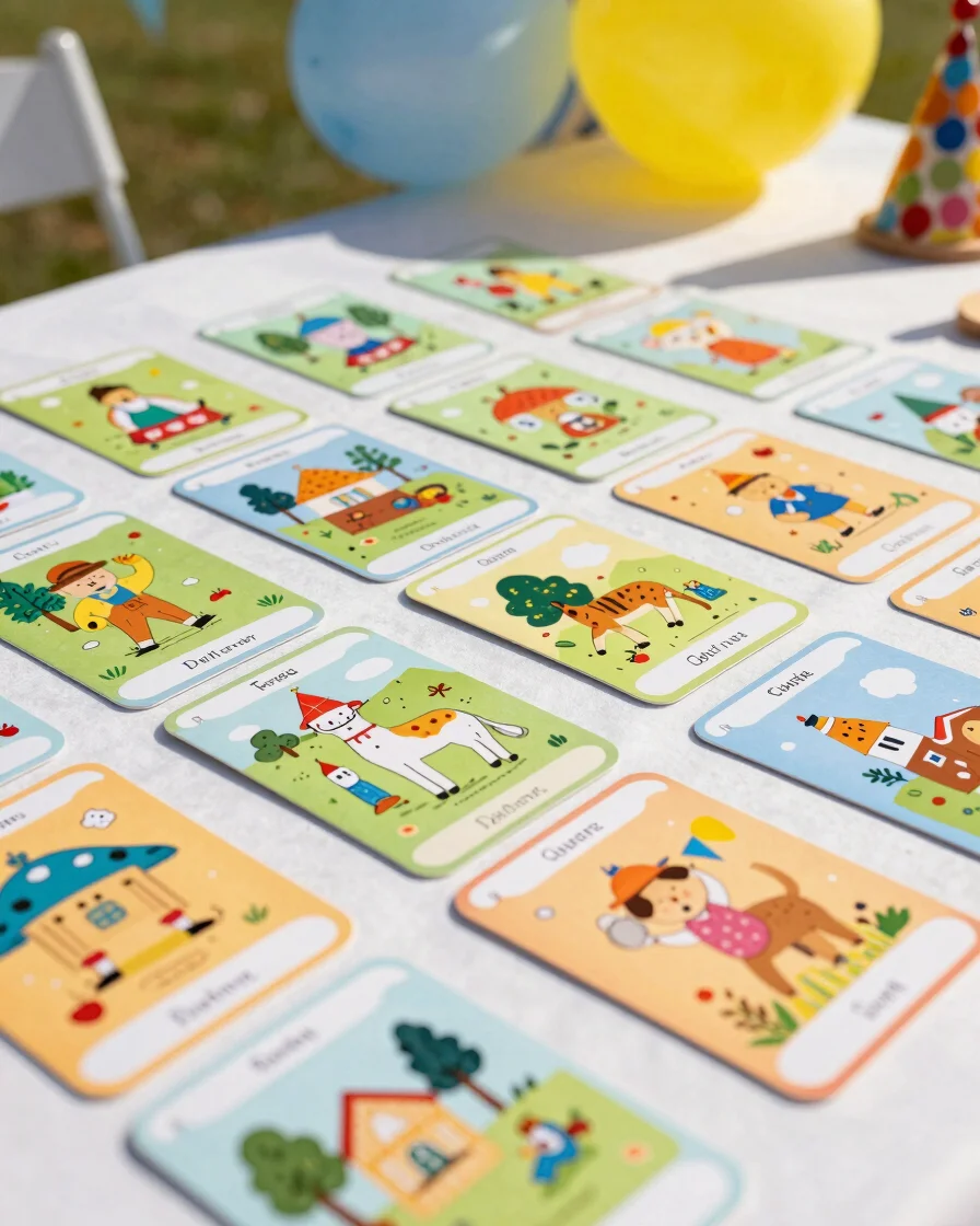 Close-up of illustrated clue cards and a colorful treasure map laid out on a table next to birthday party decorations in